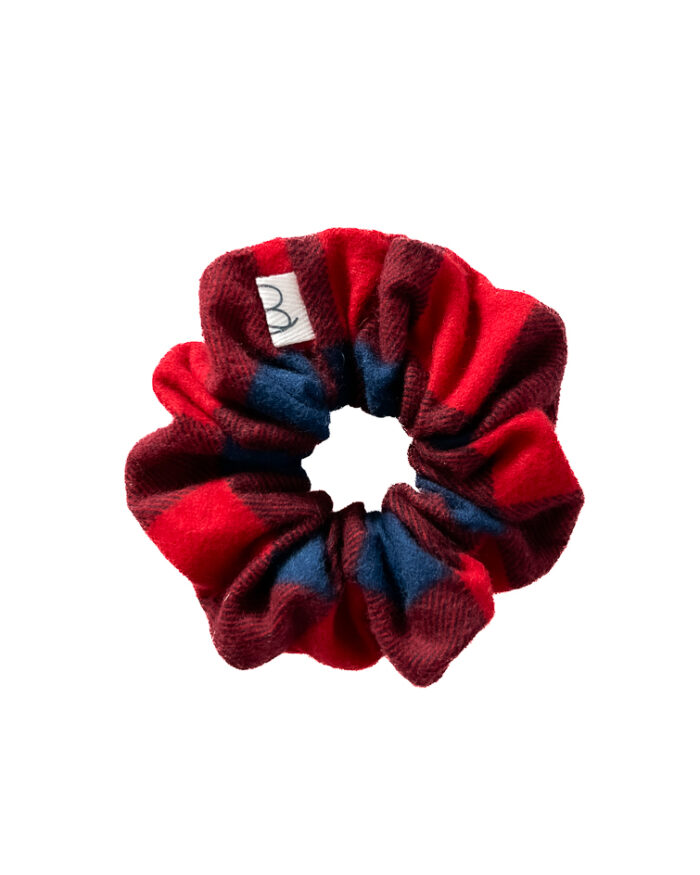 Flanelowa gumka do włosów w kratkę - czerwono-granatowa