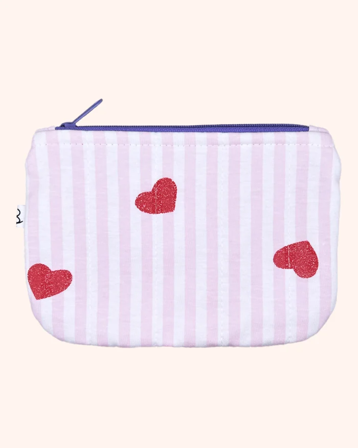 Kosmetyczka damska saszetka w paski i serduszka - bawełniana, pikowana, uszyta w Polsce.
