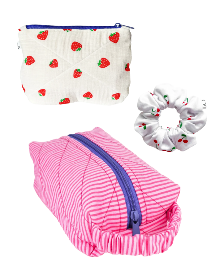 Zestaw 2x kosmetyczka + gumka scrunchie - Strawberry Cherry Set